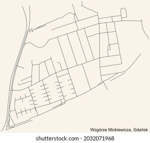 Black simple detailed street roads map on vintage beige background of the quarter Wzgórze Mickiewicza district of  Gdansk, Poland
