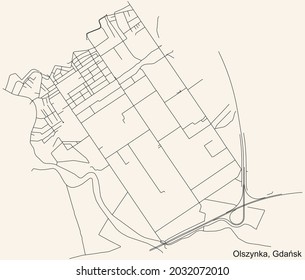 Black simple detailed street roads map on vintage beige background of the quarter Olszynka district of  Gdansk, Poland