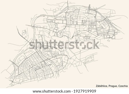 Black simple detailed street roads map on vintage beige background of the municipal district Záběhlice cadastral area of Prague, Czech Republic