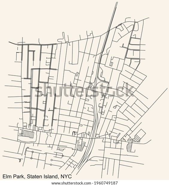 Black simple detailed street roads map on\
vintage beige background of the quarter Elm Park neighborhood of\
the Staten Island borough of New York City,\
USA