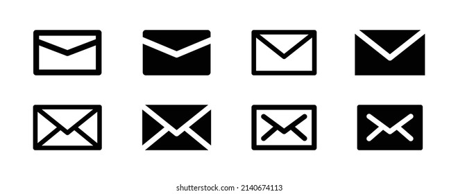 Black simple email icon collection. Letter symbol isolated on white background.
