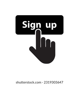 black simple finger presses on sign up button. concept of click here like abstract ui symbol and new registration on web site. flat style trend modern logotype graphic design on white background