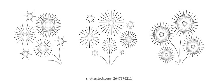 Black simple Fireworks set on white background. Round starburst. Collection New year party celebration splashes. Exploding flash icon.