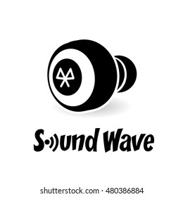 Black simple flat icon style, trendy sound device wireless headphones. Silhouette gadget for people. Headset vector illustration sign symbol on white background. Text sound wave.