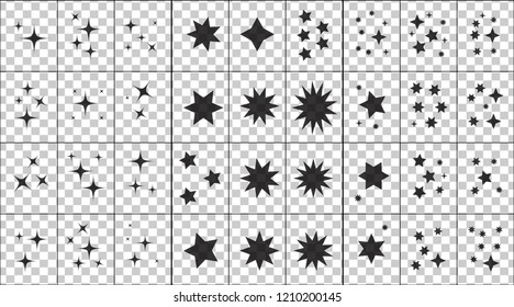 
Black simple flat style light star flares pack isolated on transparent background. Vector illustration