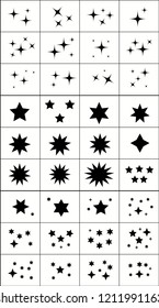 Black simple flat style light star flares big pack isolated on white background. Vector illustration