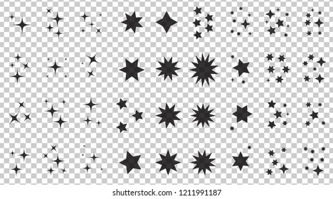 Black simple flat style light star flares pack isolated on transparent background. Vector illustration