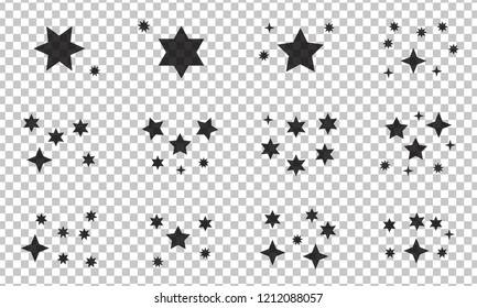 Black simple flat style light star flares pack isolated on transparent background. Vector illustration