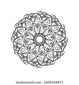 Black simple floral pattern mandala design for coloring books and henna design on a white background