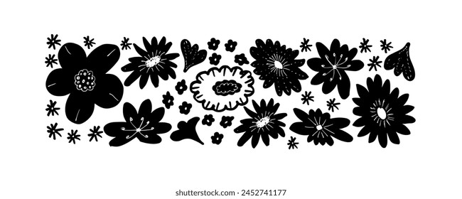 Black simple flower silhouettes set. Black and white ink brush texture, rough strokes. Vector pattern with chamomiles. Hand drawn botanical ink ornament with floral motif. 