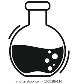 Black simple glass flask silhouette with chemical liquid and bubbles flat design icon isolated on white background. Vector illustration of laboratory research and tests concept.