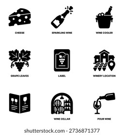 Black Simple Glyph Wine Production and Consumption Element Icon Set
