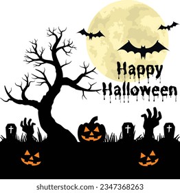 Black Simple Happy Halloween.Halloween background with pumpkin and bats.scary ghost face For carving pumpkins on Halloween night.