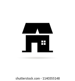 black simple house icon with shadow. concept of rural cabin or chalet for sold or emblem for internet site like home page. flat style trend modern logotype graphic art design on white background