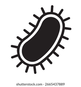 Icono simple negro de una bacteria de bacilo con flagelos sobre microbios de bacterias de fondo blanco.