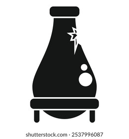 Schwarzes einfaches Symbol einer Chemiekolbe mit einer beschädigten Oberfläche, die auf einem Träger steht, einzeln auf weißem Hintergrund