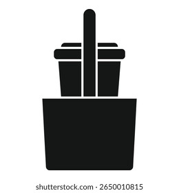 Icono simple negro de una taza de café desechable con una tapa en un soporte de cartón