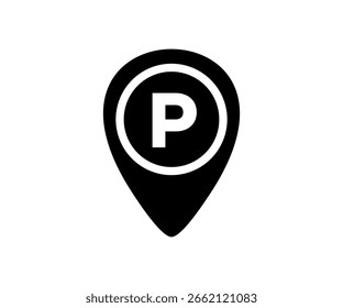 Schwarzes einfaches Symbol, das eine Parkplatzmarkierung mit einem p innerhalb eines Kreises darstellt.  Autoabstellschild, Vektorgrafik und Design.


