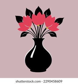 black simple illustration with vase and red flowers