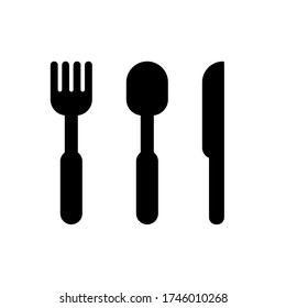Black simple knife, fork and spoon icon. Cutlery, restaurant symbol isolated on white. Vector illustration.