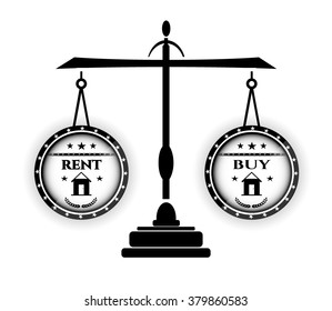 Black, simple libra with two labels with text Rent, Buy and house icon, isolated on white background