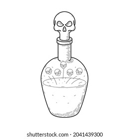 Black Simple Line Glass Flask Skull Doodle Outline Death Potion Poison Drink Elixir Liquid Element Vector Design Style Sketch Isolated Illustration Magic Witchcraft