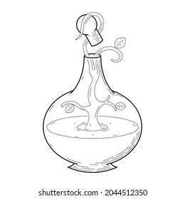 Black Simple Line Glass Flask Doodle Outline Plant Leaf Potion Snowflake Drink Elixir Liquid Element Vector Design Style Sketch Isolated Illustration Magic Witchcraft