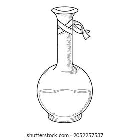 Black Simple Line Glass Flask Doodle Outline Potion Drink Elixir Liquid With Ribbons Element Vector Design Style Sketch Isolated Illustration Magic Witchcraft