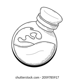 Black Simple Line Glass Flask Doodle Outline Potion Drink Elixir Liquid With Splash Element Vector Design Style Sketch Isolated Illustration Magic Witchcraft