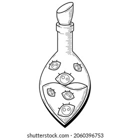 Black Simple Line Glass Flask With Eyes Doodle Outline Potion Drink Elixir Liquid Element Vector Design Style Sketch Isolated Illustration Magic Witchcraft