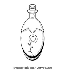 Black Simple Line Glass Flask Doodle Outline Plant Leaf Potion Drink Elixir Liquid Element Vector Design Style Sketch Isolated Illustration Magic Witchcraft