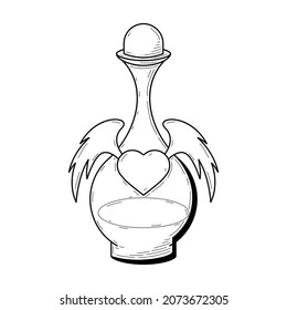 Black Simple Line Glass Flask Doodle Outline Potion Drink Elixir Liquid Heart With Wings Element Vector Design Style Sketch Isolated Illustration Magic Witchcraft