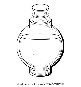 Black Simple Line Glass Flask Doodle Outline Potion Drink Elixir Liquid With Splash Element Vector Design Style Sketch Isolated Illustration Magic Witchcraft