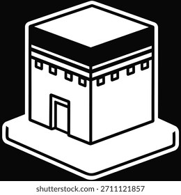 Black simple line icon of the Kaaba, cube geometric shape. A square building structure for muslim pray qibla direction. Transparent background.