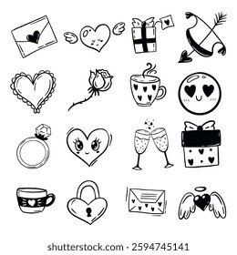 black simple romantic doodle style set of simple decorative hand drawn elements on white background