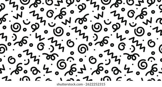Black simple scribble lines with doodle polka dot seamless pattern. simple art line scribble for childish on white background