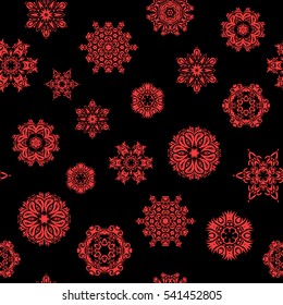 Black simple seamless Christmas pattern - varied Xmas snowflakes with dots. Happy New Year winter background. Vector design for textile, wallpaper, fabric, wrapping paper.