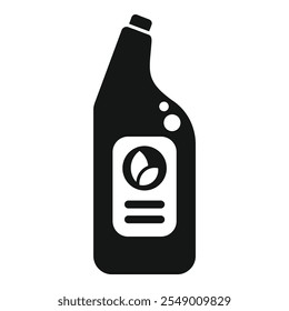 Black simple vector icon of a cleaning product bottle with a leaf symbol, representing its organic and eco friendly composition