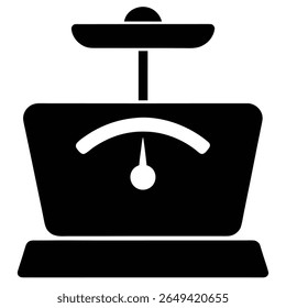 Uma balança simples e preta mostrando o indicador de medida é um ícone claro e minimalista. Um design que comunica medição. O indicador é posicionado no ponto zero.