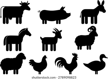 Black simplified silhouette icons of common farm animals including cow, pig, donkey, horse, goat, sheep, chicken, rooster, and duck on a light background.