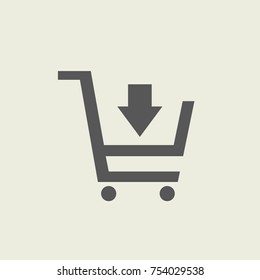 Black single add to cart icon with down arrow, simple shopping put in flat design vector pictogram vector for app ads logotype web website button ui ux interface elements isolated on white background