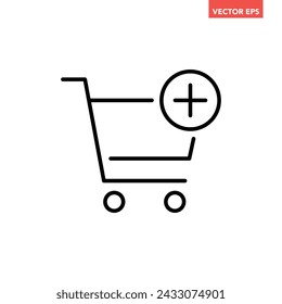 Añadir al carrito icono de línea, carrito de compras simple con marca de adición de diseño plano pictograma vectorial, elementos de interfaz para el botón web del logotipo de la aplicación ui ux aislado sobre fondo blanco