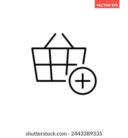 Black single add to cart line icon, simple shopping basket with addition mark flat design vector pictogram, interface elements for app logo web button ui ux isolated on white background
