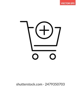 Black single add to cart line icon, simple shopping cart with addition mark flat design vector pictogram, interface elements for app logo web button ui ux isolated on white background