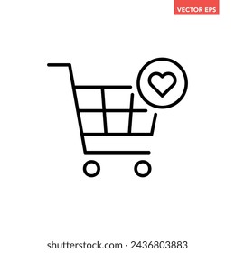 Añadir a favoritos icono de línea de carrito, simple carrito de compras con marca de corazón diseño plano pictograma vector, elementos de interfaz para el logotipo de la aplicación botón web ui ux aislado en fondo blanco