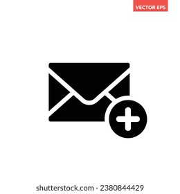 Un solo negro añade un nuevo icono de correo, correo simple con un pictograma vectorial de diseño plano de signo, elementos de interfaz infográfica para el logotipo de la aplicación botón web ui ux aislado en fondo blanco