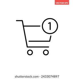 Black single add one item cart line icon, simple add to shopping cart flat design vector pictogram, interface elements for app logo web button ui ux isolated on white background