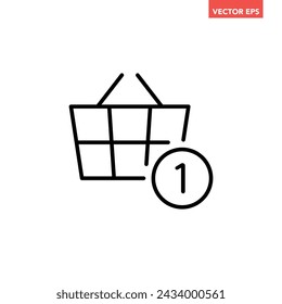 Black single add one item cart line icon, simple add to shopping flat design vector pictogram, interface elements for app logo web button ui ux isolated on white background