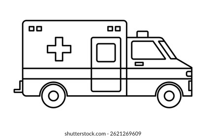 Black single ambulance car line icon, simple emergency medical service vehicle flat design illustration drawing for app ui ux web button interface pictogram elements isolated on white background