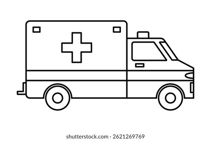 Black single ambulance car line icon, simple emergency medical service vehicle flat design illustration drawing for app ui ux web button interface pictogram elements isolated on white background